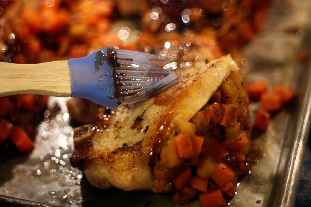 Sweet Potato and Apple Stuffed Pork Chops with Balsamic Orange Glaze